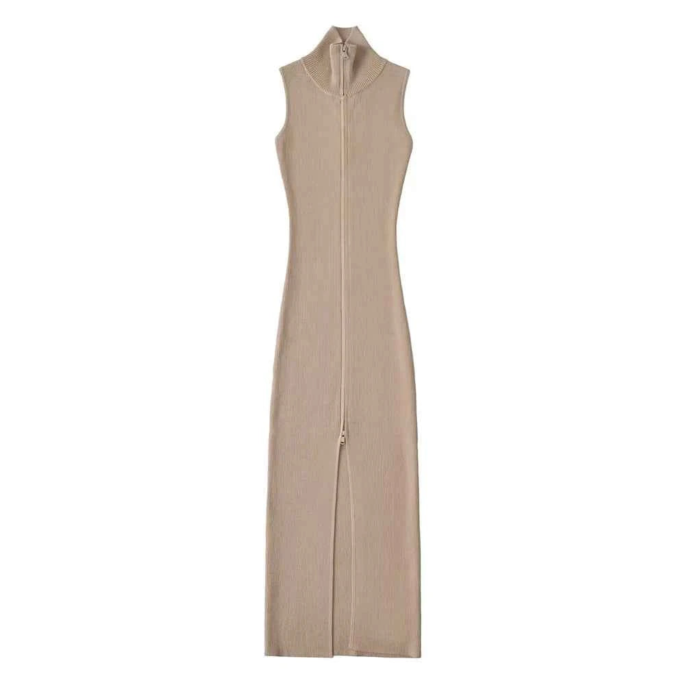 Vestido Longo de Malha Canelada Justo com Zíper Frontal Ajustável – Sprout VIEUX OFICIAL