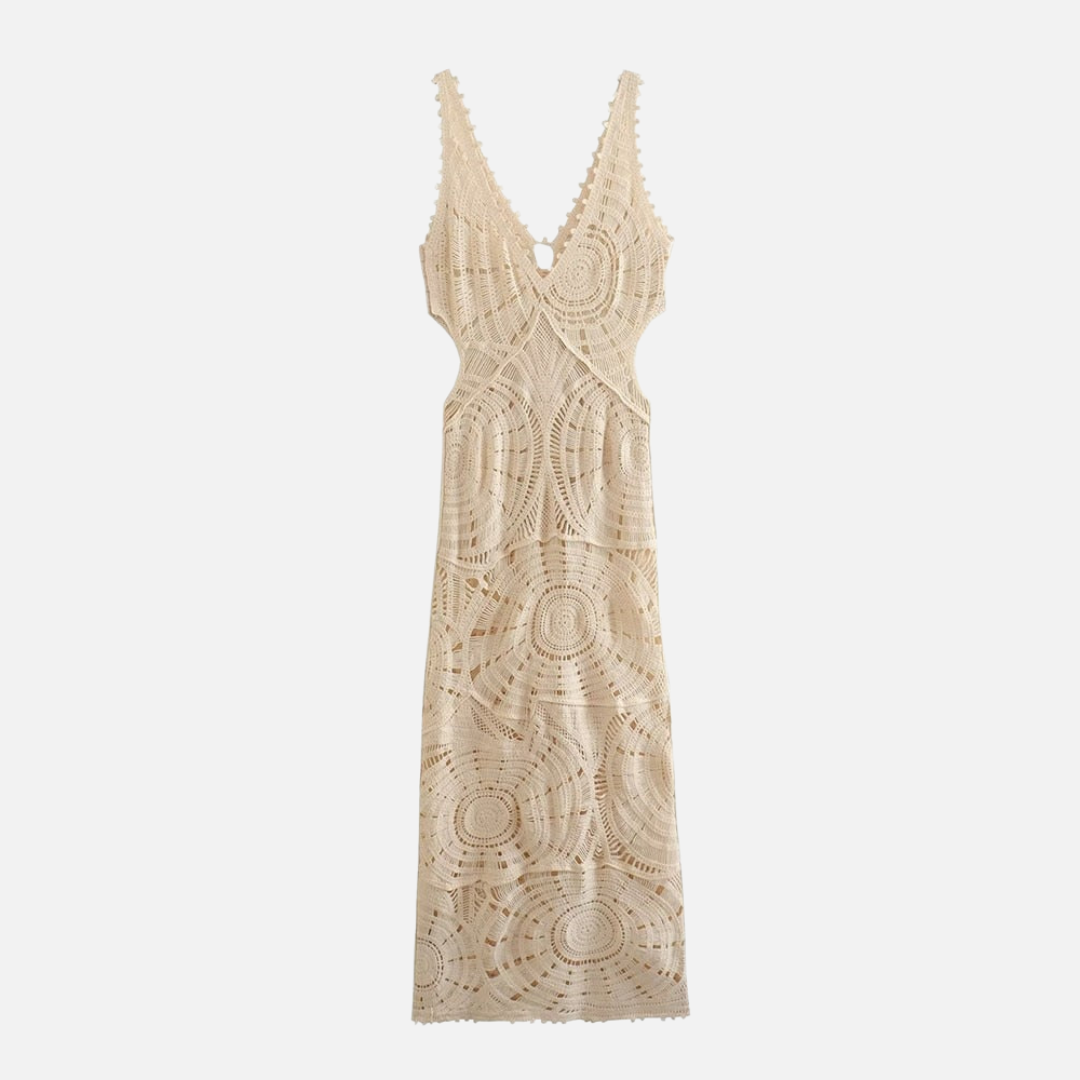 Vestido Longo de Renda Artesanal com Transparência e Decote Profundo – Clermont VIEUX OFICIAL