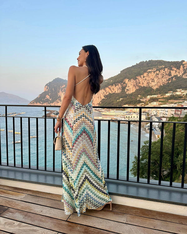 Vestido Longo de Tricô Chevron Colorido Costas Nuas – Positano VIEUX OFICIAL
