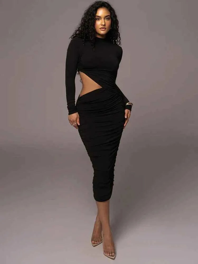 Vestido Midi Justo Drapeado com Recorte Lateral, Gola Alta e Manga Longa – Plouf VIEUX OFICIAL
