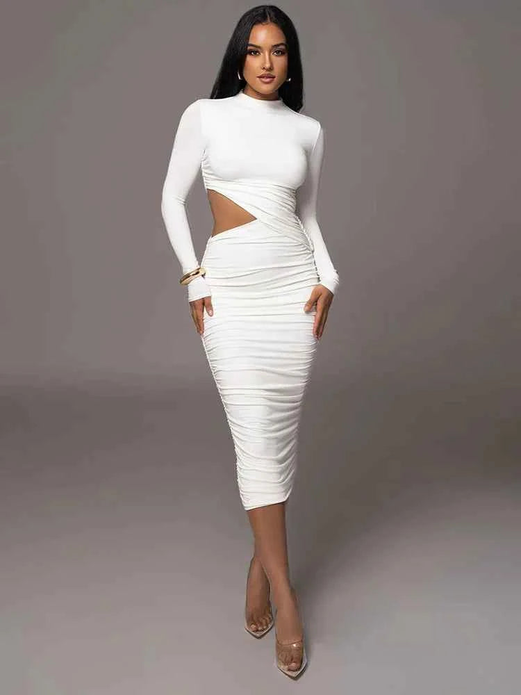 Vestido Midi Justo Drapeado com Recorte Lateral, Gola Alta e Manga Longa – Plouf VIEUX OFICIAL