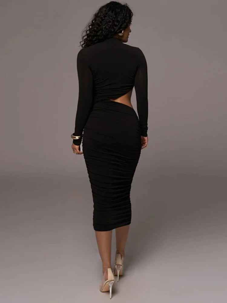 Vestido Midi Justo Drapeado com Recorte Lateral, Gola Alta e Manga Longa – Plouf VIEUX OFICIAL