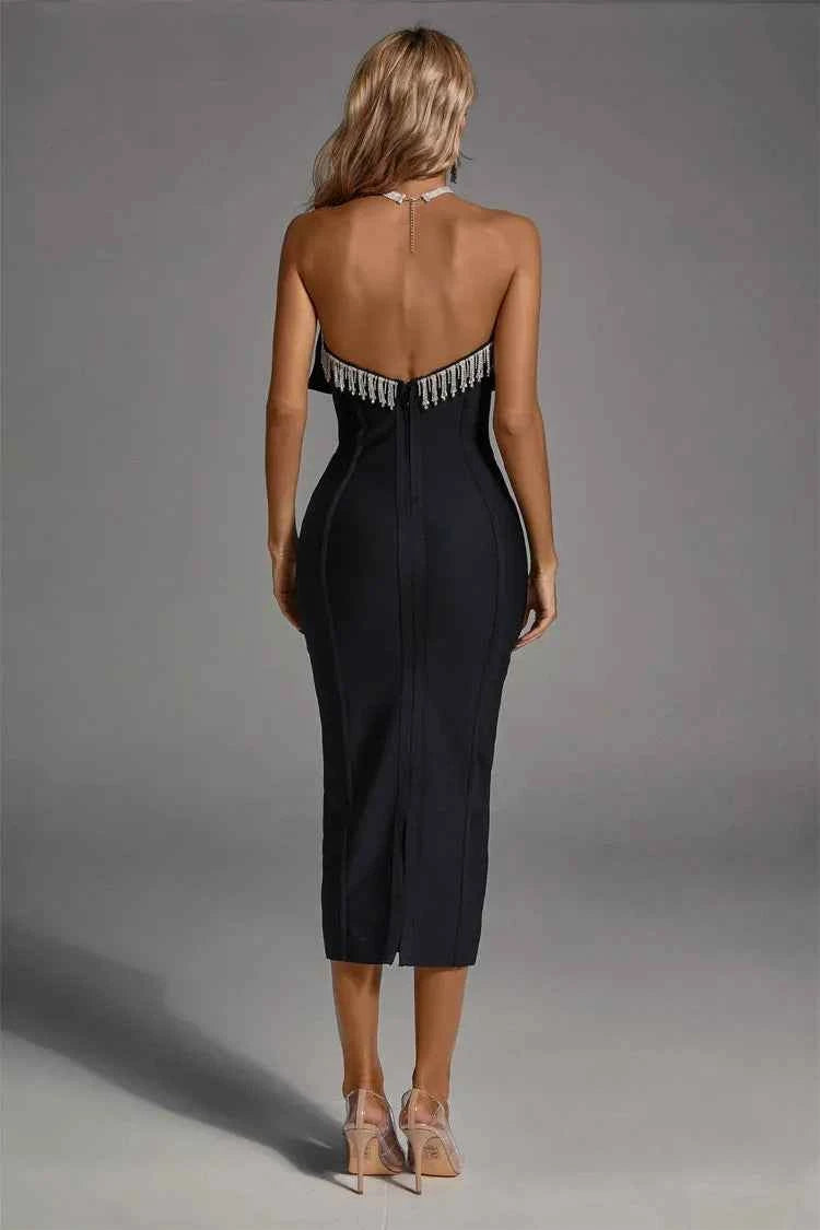 Vestido Midi de Festa Tomara que Caia com Pedrarias Brilhantes e Estrutura Modeladora – Normandie VIEUX OFICIAL