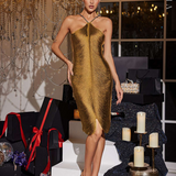 Vestido de Festa Midi de Bandagem Metalizada com Decote Halter – Perrot - VIEUX OFICIAL