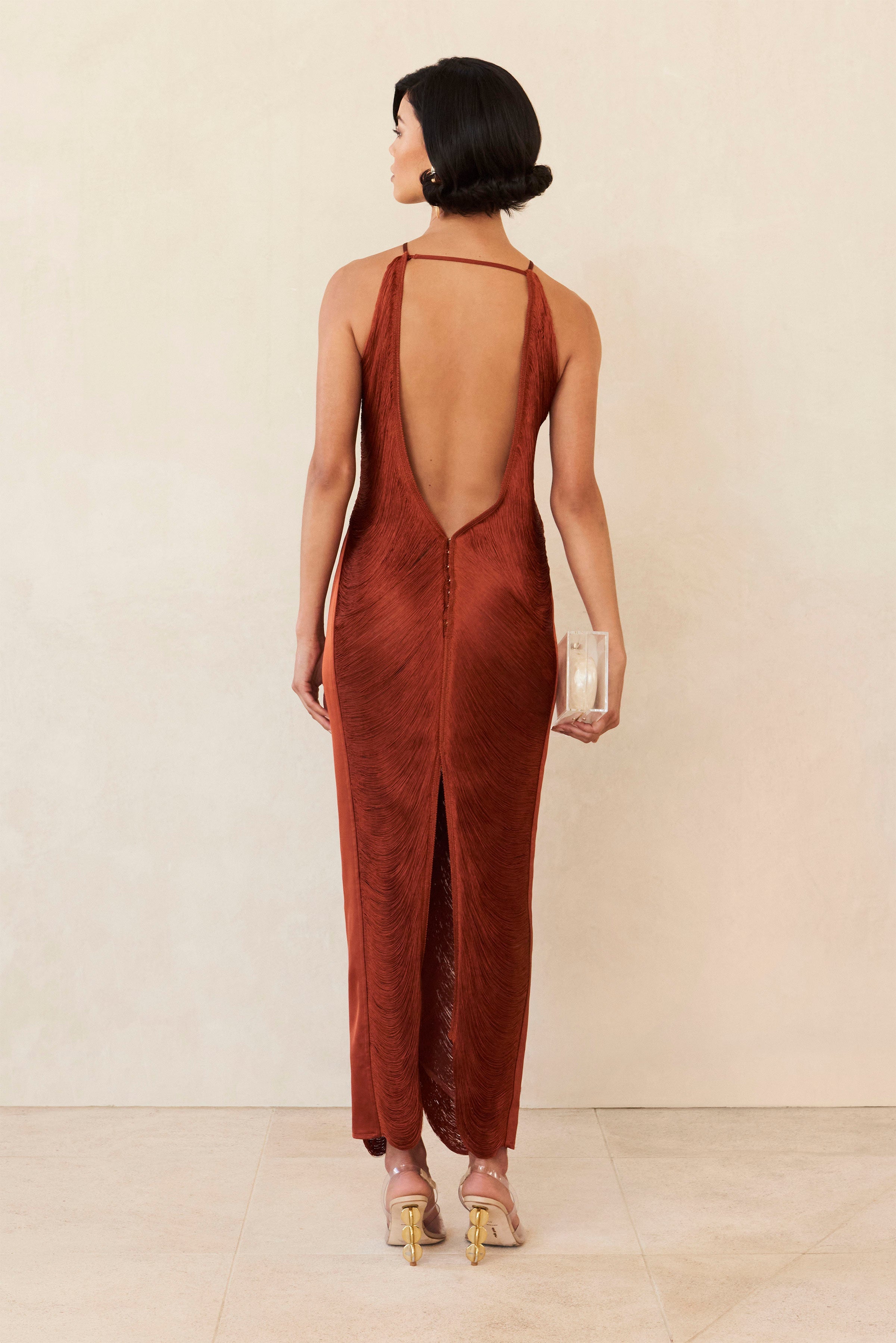 Vestido Perrot longo vermelho em franjas VIEUX OFICIAL