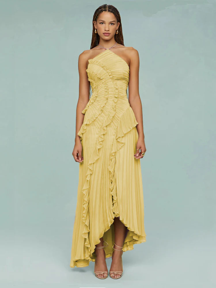 Vestido de Festa Longo Plissado Assimétrico com Babado Escultural – Galerie VIEUX OFICIAL
