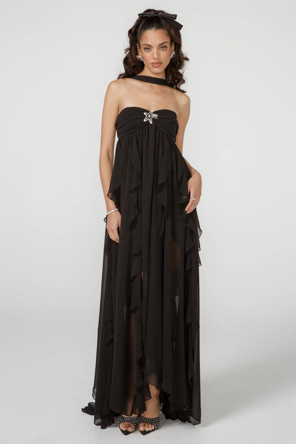 Vestido de Festa Longo com Mangas Bufantes e Saia em Camadas – Étoile VIEUX OFICIAL