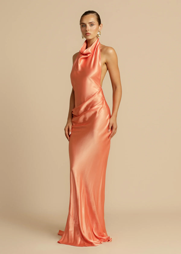 Vestido de Festa Longo de Cetim com Costas Nuas e Decote Frente Única – Gaia VIEUX OFICIAL
