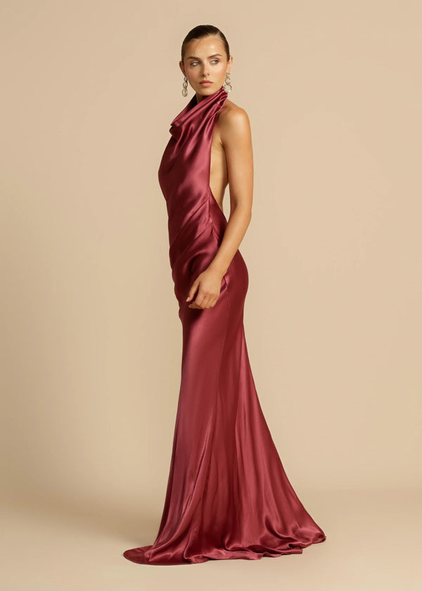 Vestido de Festa Longo de Cetim com Costas Nuas e Decote Frente Única – Gaia VIEUX OFICIAL