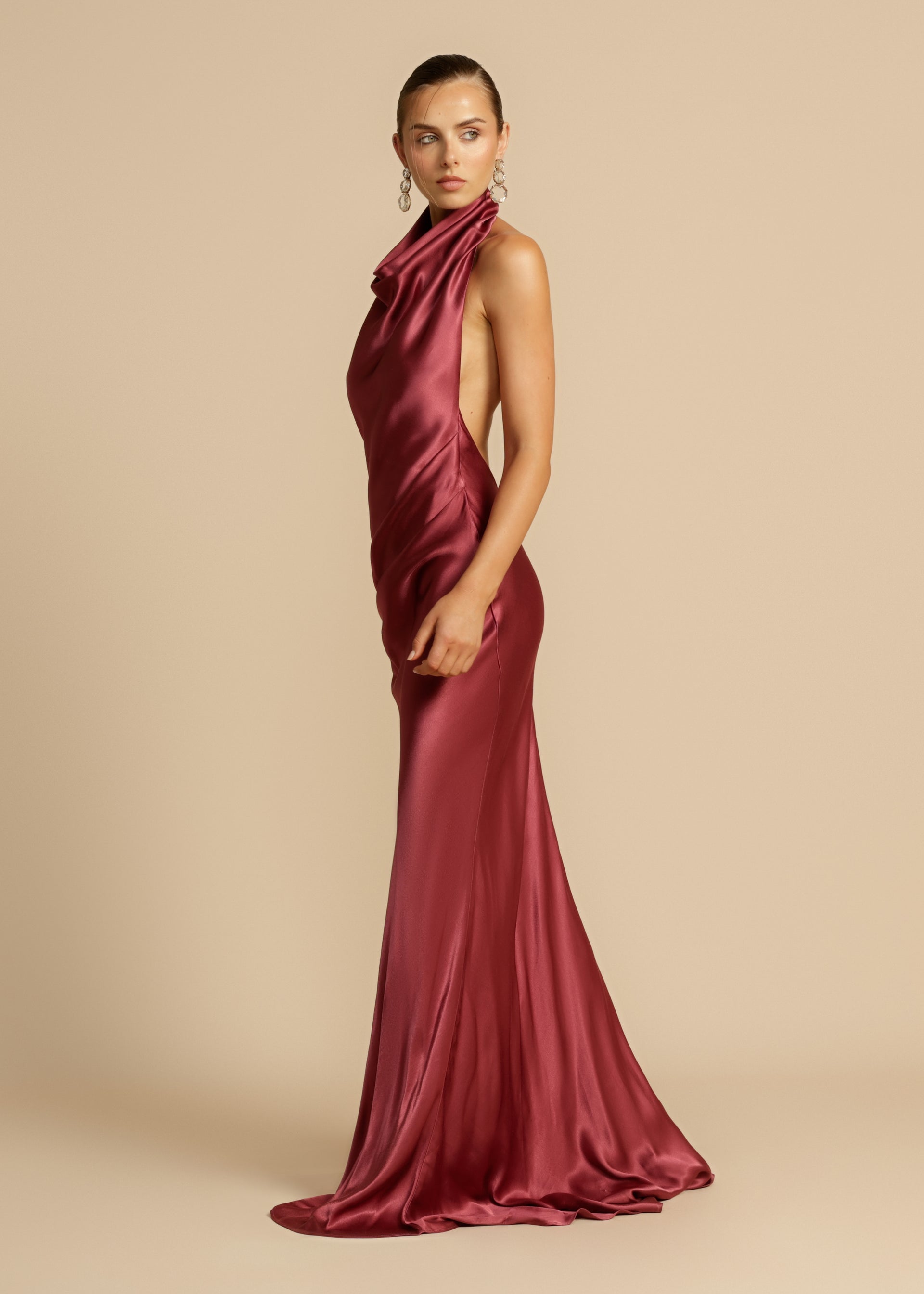 Vestido de Festa Longo de Cetim com Gola Drapê – Aphrodite VIEUX OFICIAL