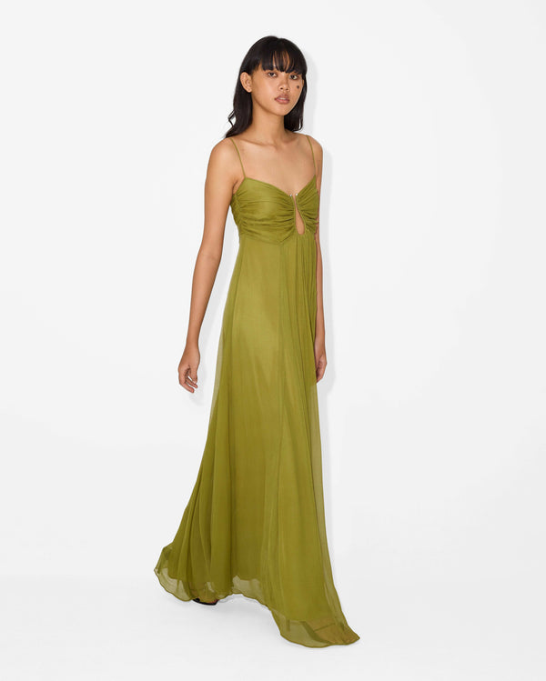 Vestido de Festa Longo de Chiffon com Busto Drapeado e Recorte Frontal – Sylvie VIEUX OFICIAL