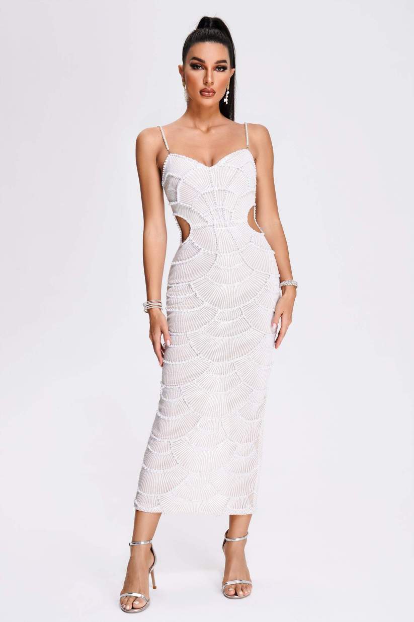Vestido de Festa Midi Bordado com Pérolas, Recortes Laterais e Alças de Brilho – Ambre VIEUX OFICIAL