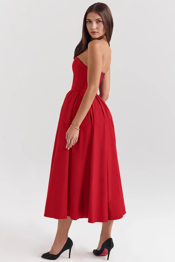 Vestido de Festa Midi Tomara que Caia com Corpete Estruturado e Saia Godê – Fiancée VIEUX OFICIAL