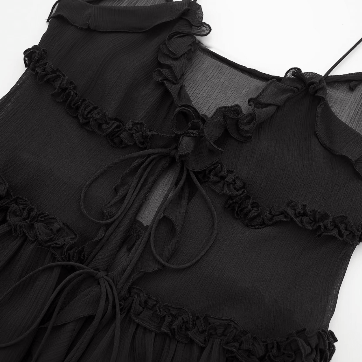 Blusa Preta em Chiffon Transparente com Alças Finas e Babados – Cécélia VIEUX OFICIAL