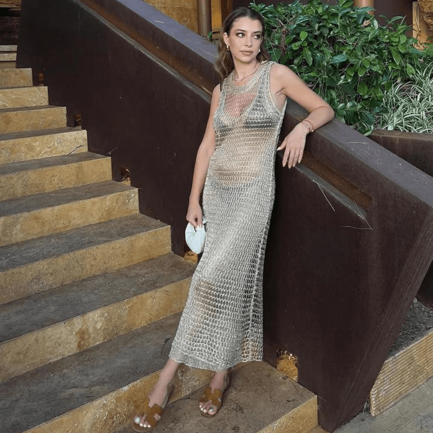 Vestido Longo de Crochê Brilhante Transparente com Efeito Metalizado – Amber - VIEUX OFICIAL