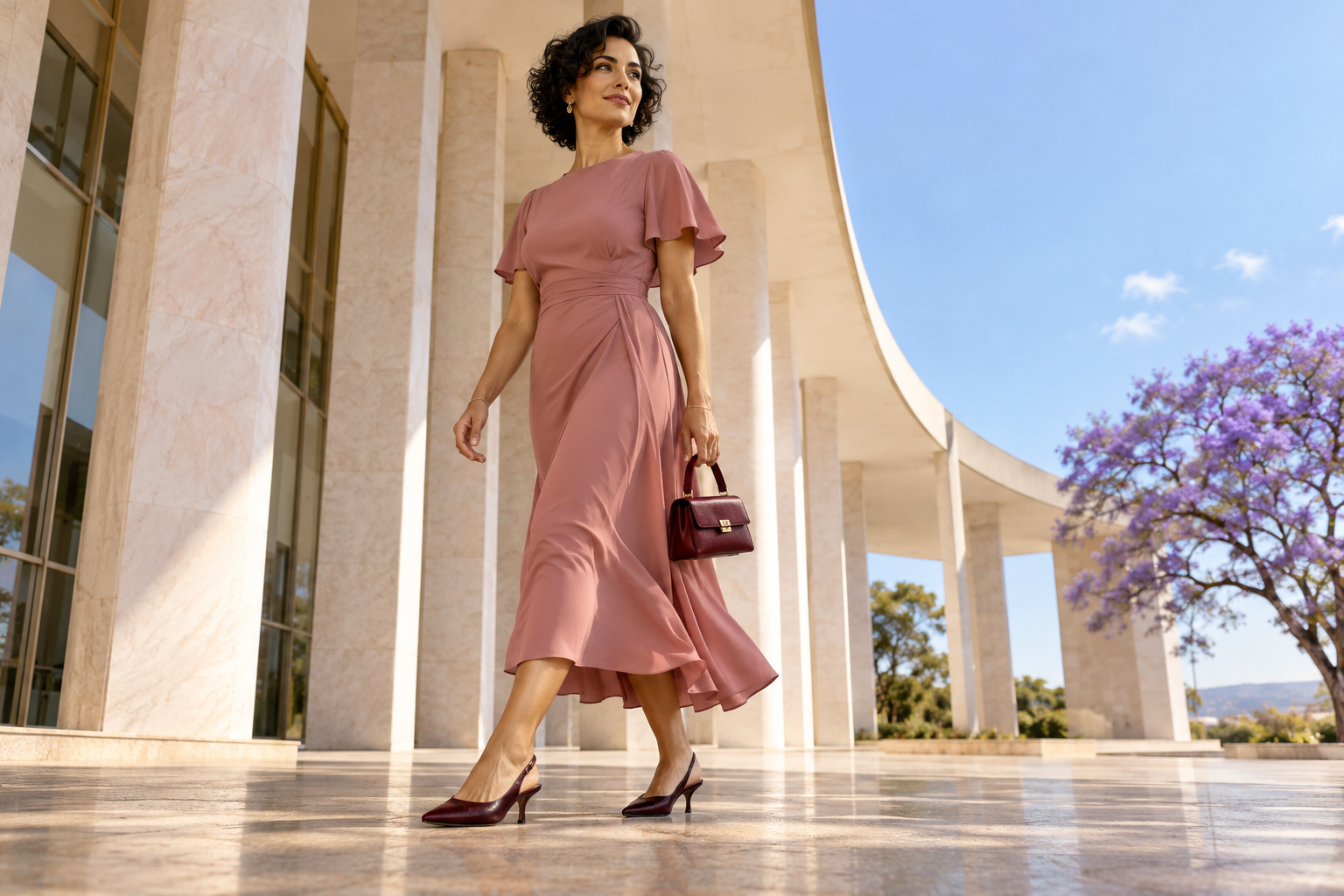Convidada com vestido rosé diante de arquitetura cívica em imagem editorial conceitual