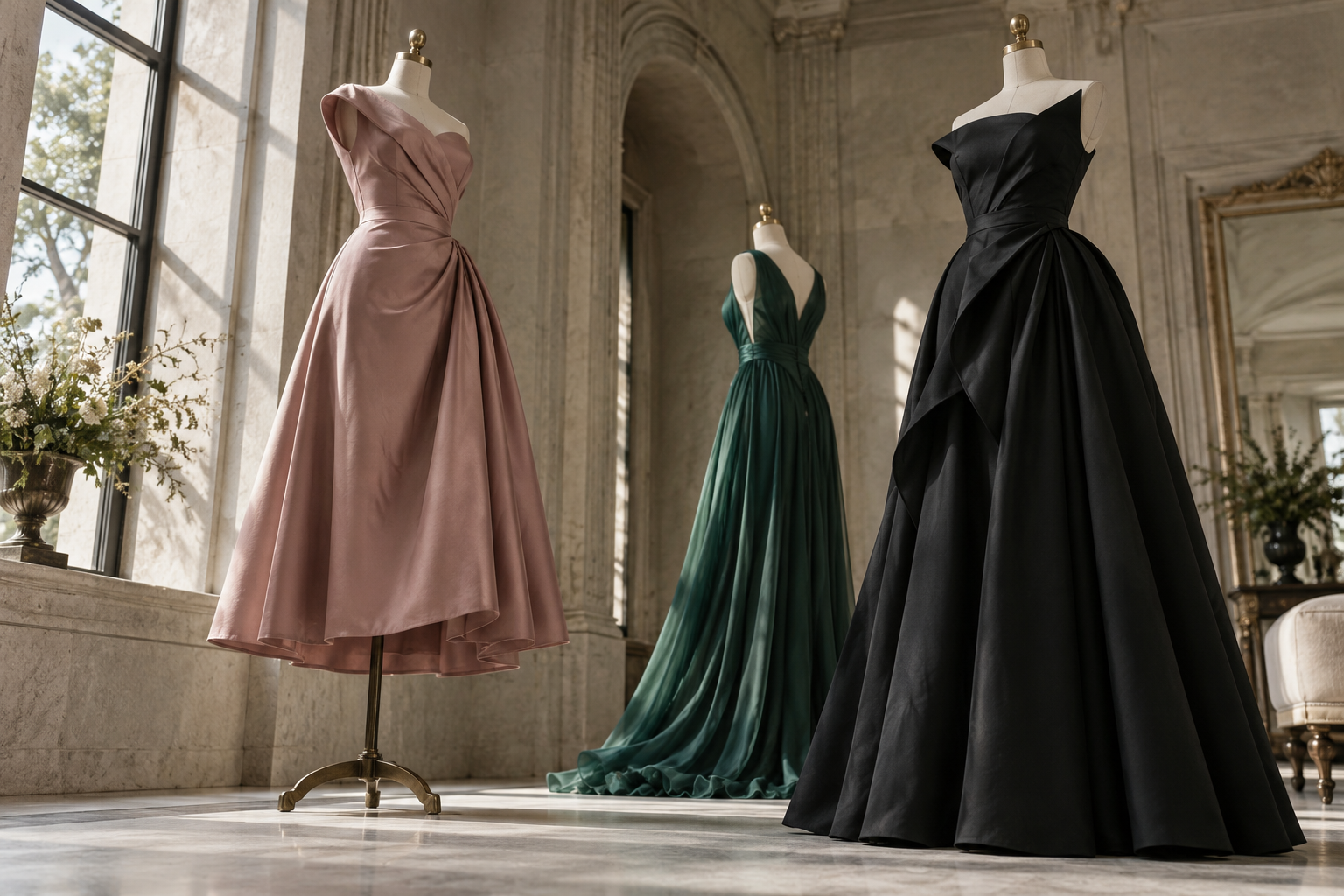 Três silhuetas de vestidos em manequins ilustrando dress codes de casamento
