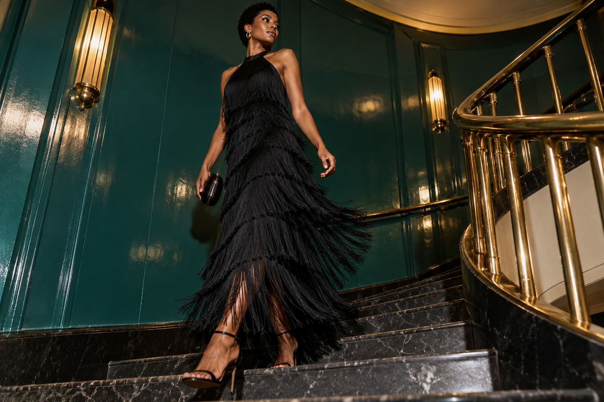 Composição editorial conceitual de vestido preto com franjas em movimento