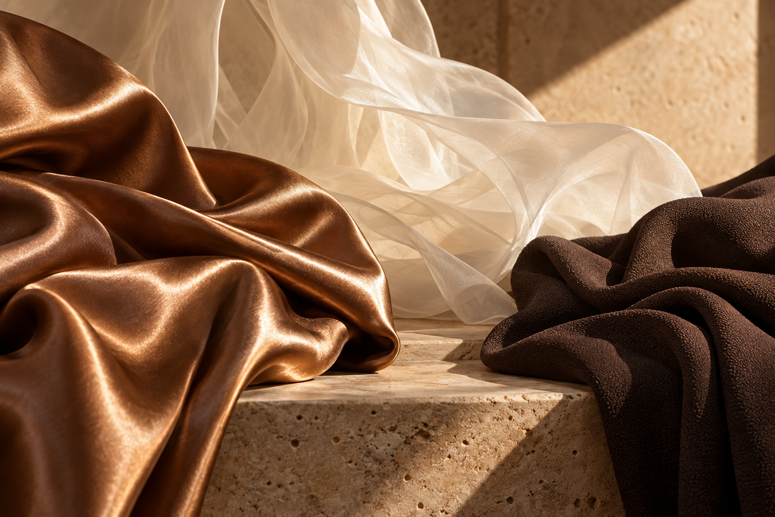Composição editorial conceitual de cetim bronze, chiffon claro e crepe marrom