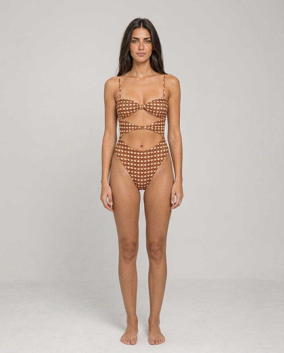Body feminino Hermine estampado geométrico em bege, marrom e bordô – vista frontal
