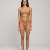 Body feminino Hermine estampado geométrico em bege, marrom e bordô – vista frontal