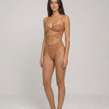 Body feminino Hermine estampado geométrico em bege, marrom e bordô – vista diagonal