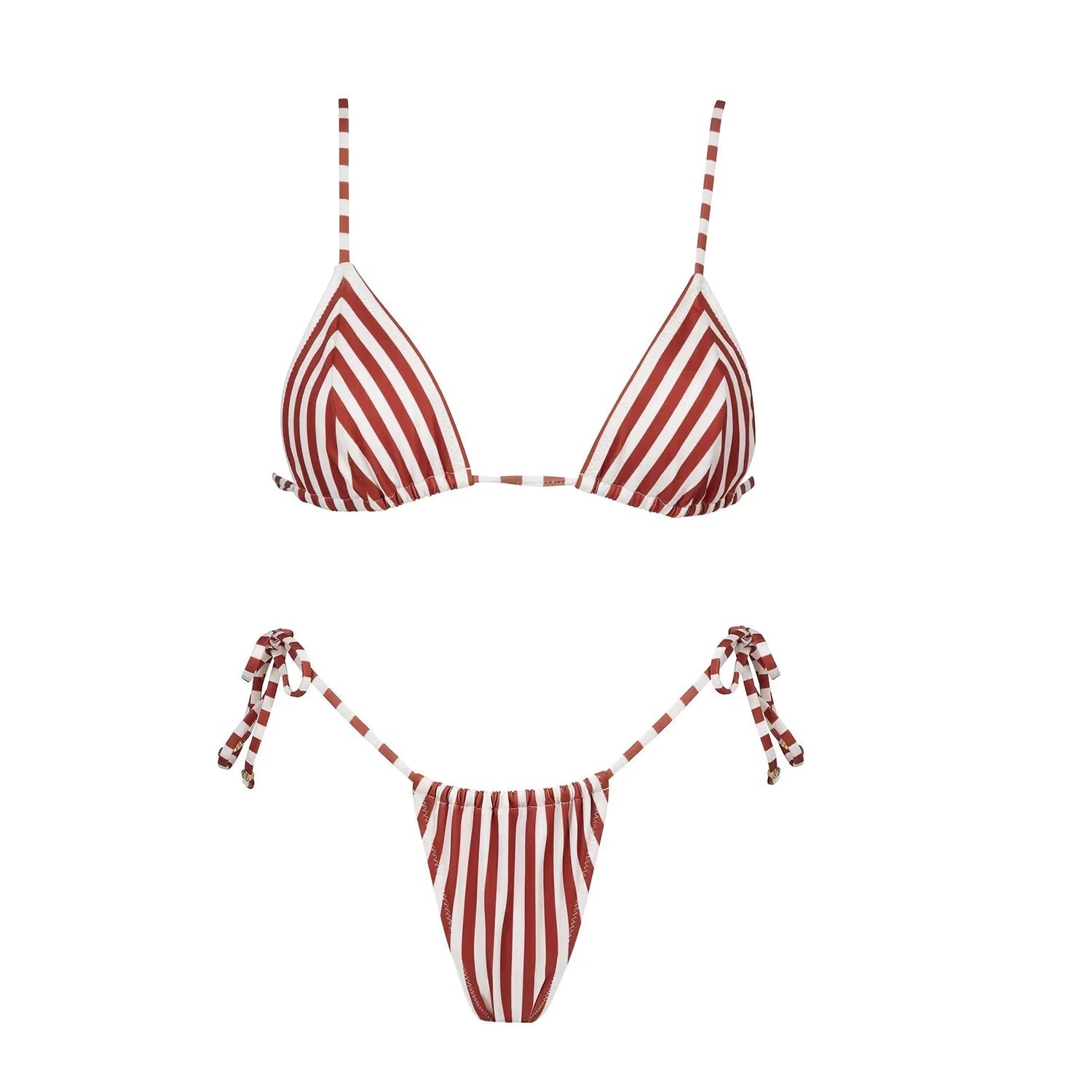 Biquíni feminino Domitille listrado terracota e off-white – flat lay técnico