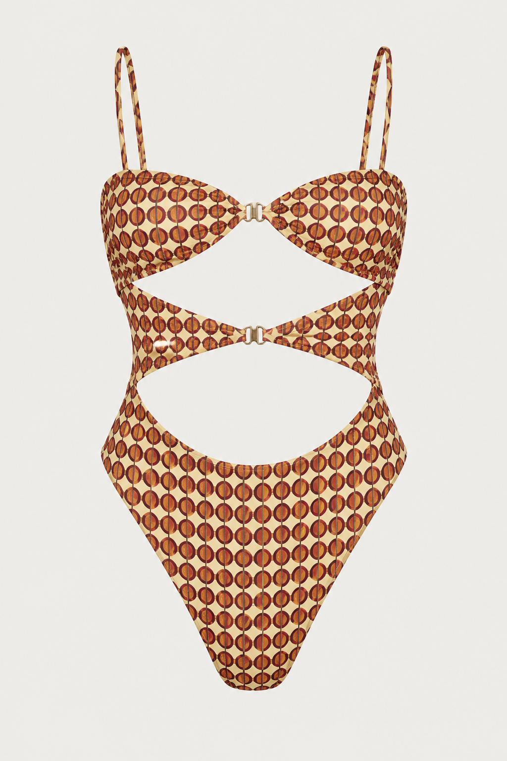Body feminino Hermine estampado geométrico em bege, marrom e bordô – flat lay técnico