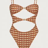 Body feminino Hermine estampado geométrico em bege, marrom e bordô – flat lay técnico
