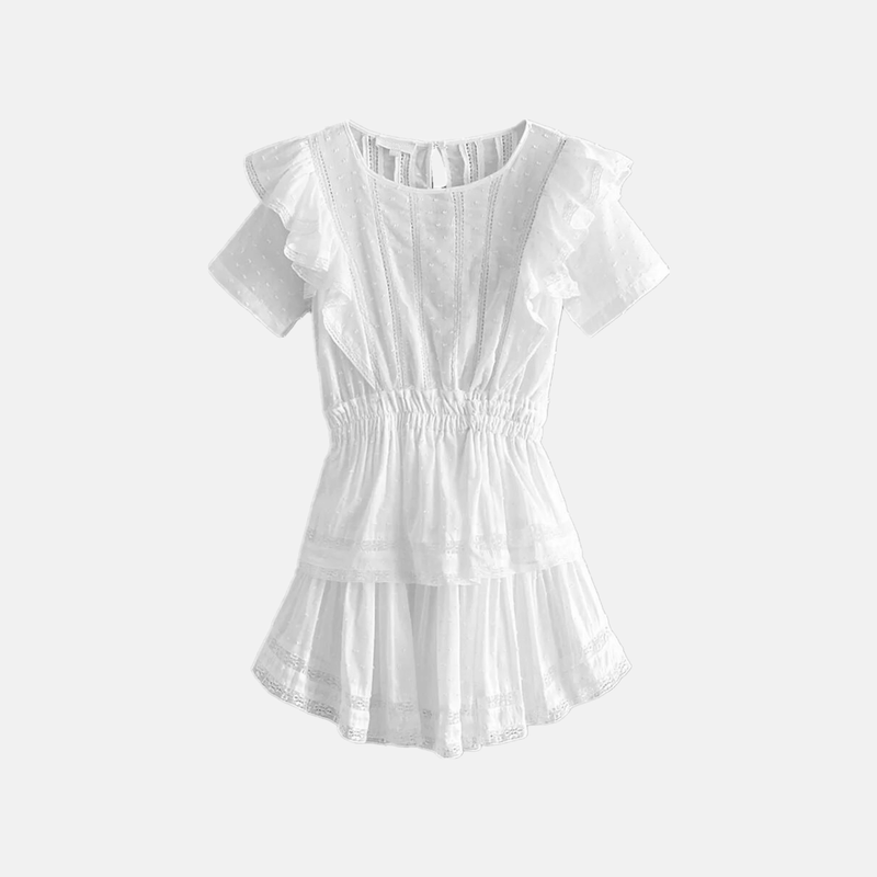 Vestido curto branco romântico com babados Délicat VIEUX OFICIAL