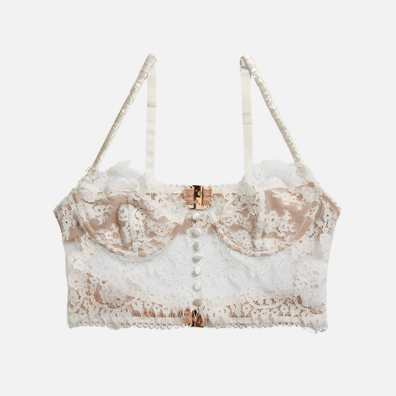 Top cropped de renda floral com barbatanas estruturadas branco Dijon VIEUX OFICIAL