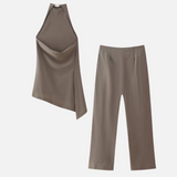 Conjunto Feminino Calça Pantalona e Blusa Frente Única Assimétrica – Sussurro
