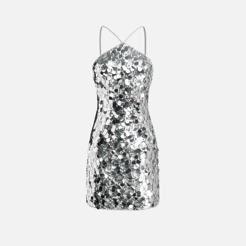 Vestido curto de festa com paetês prateados e alças finas prata Nouvelles VIEUX OFICIAL