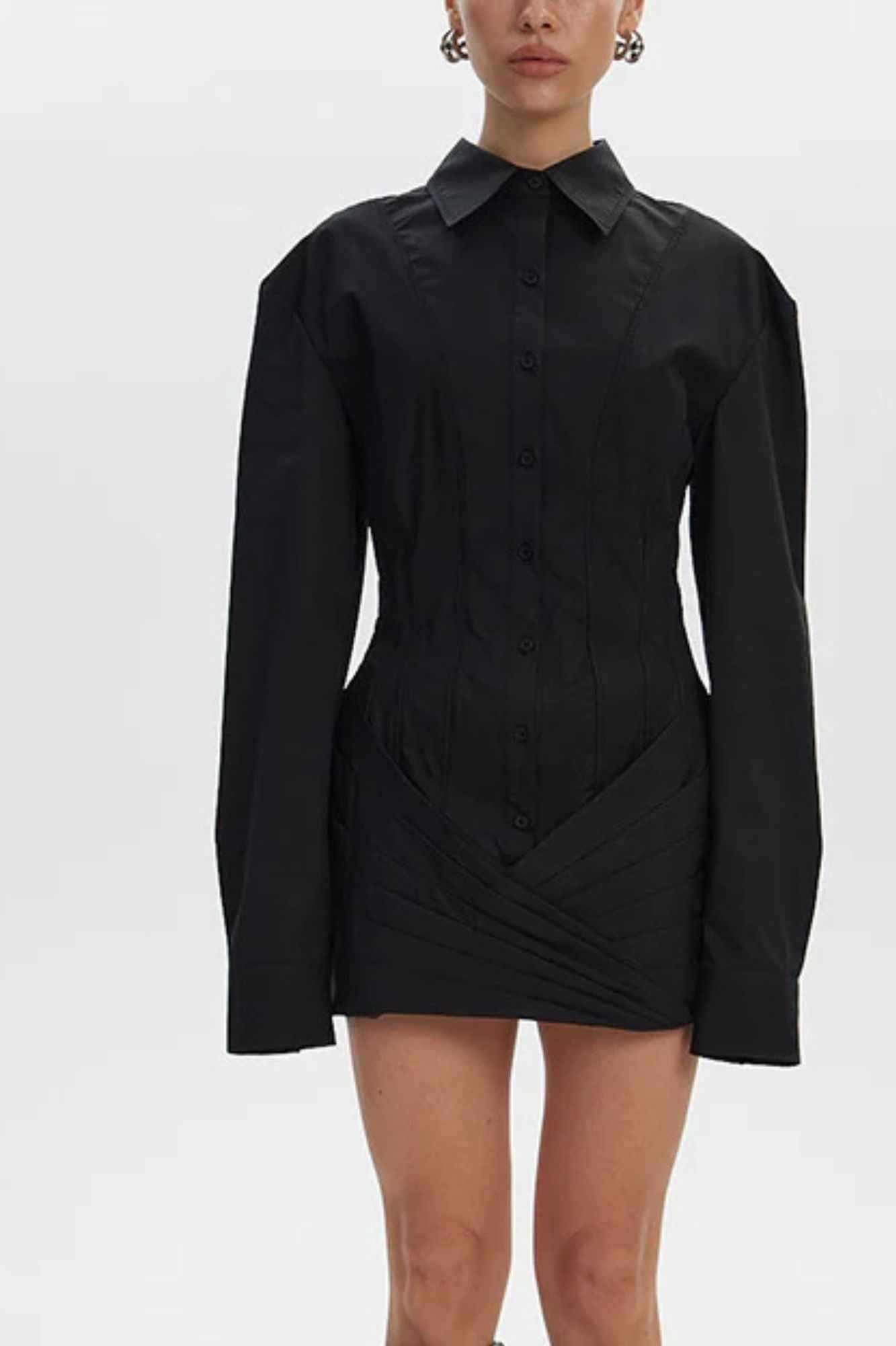 Vestido Curto Camisa Estilo Corset Manga Longa com Saia Drapeada – Francesca