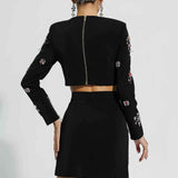 Conjunto Feminino Curto Preto com Pedrarias Bordadas e Manga Longa – Orné de Cristaux - VIEUX OFICIAL