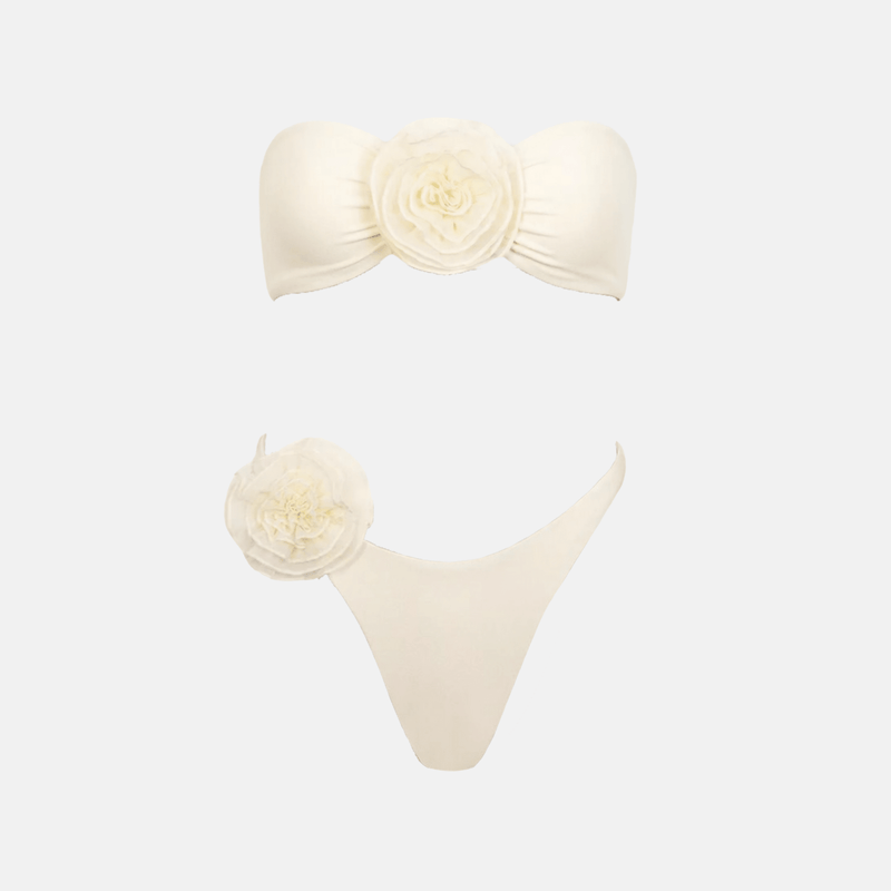 Biquíni tomara que caia branco com flor 3D aplicada Rose VIEUX OFICIAL