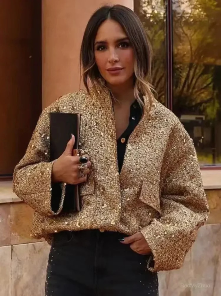 Jaqueta de festa cropped em tweed com paetês dourada Gigot VIEUX OFICIAL