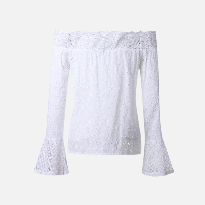 Blusa branca ombro a ombro de laise com manga flare Exotique VIEUX OFICIAL