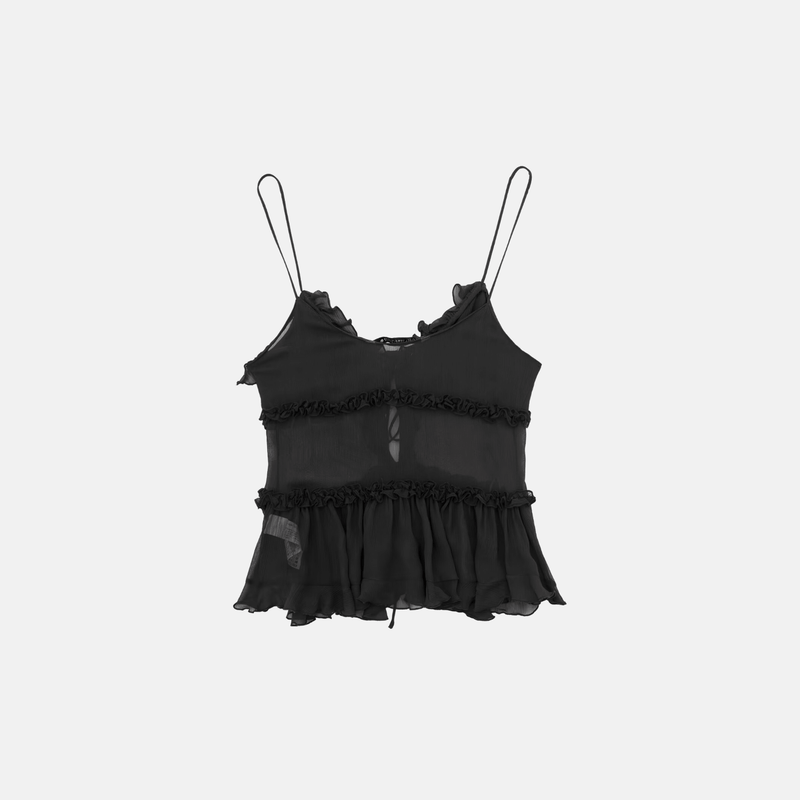 Blusa preta em chiffon transparente com alças finas e babados Cécélia VIEUX OFICIAL