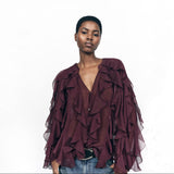 Blusa de Chiffon com Babados Volumosos e Manga Bufante – Ruisseau