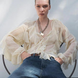 Blusa de Chiffon com Babados Volumosos e Manga Bufante – Ruisseau