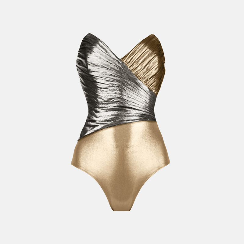 Body feminino metálico com decote transpassado dourado e prateado Nuit Éclair VIEUX OFICIAL
