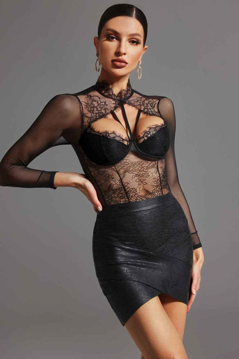 Conjunto de festa com body de tule e renda transparente e saia assimétrica texturizada preto Venise VIEUX OFICIAL