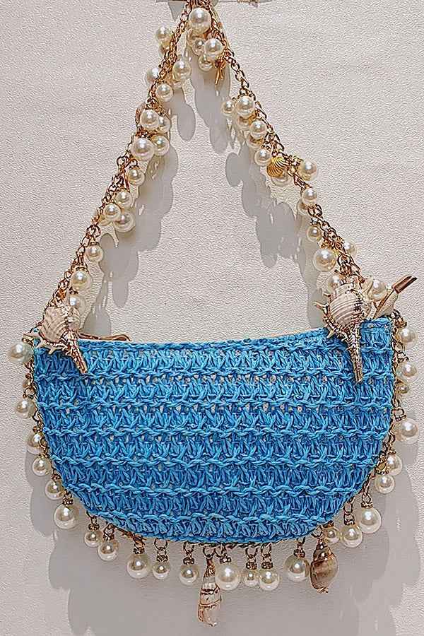 Bolsa de Palha de Luxo com Alça de Pérolas e Conchas – Sirène