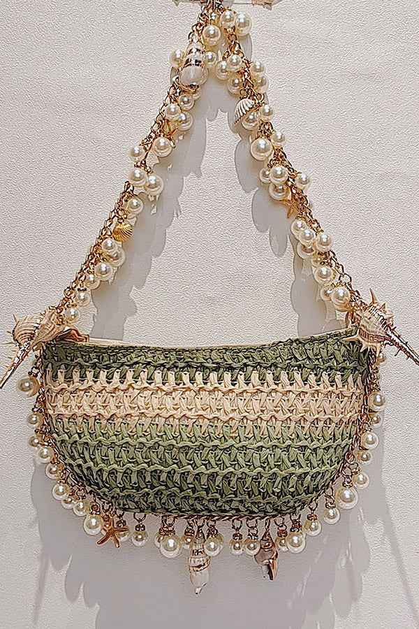 Bolsa de Palha de Luxo com Alça de Pérolas e Conchas – Sirène
