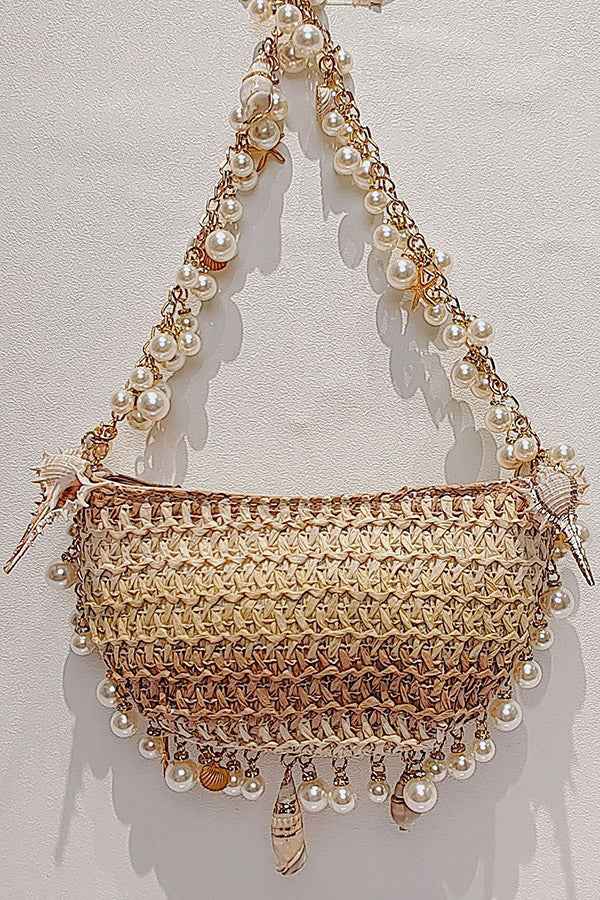 Bolsa de Palha de Luxo com Alça de Pérolas e Conchas – Sirène