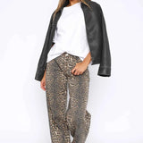 Calça Jeans Reta de Cintura Alta com Estampa de Leopardo – Once - VIEUX OFICIAL