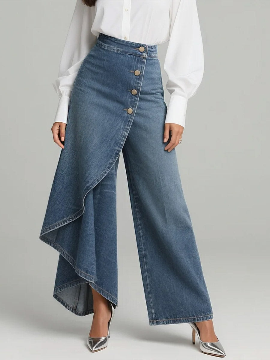 Calça Jeans Pantalona Feminina com Sobressaia Assimétrica e Botões – Romy - VIEUX OFICIAL