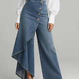 Calça Jeans Pantalona Feminina com Sobressaia Assimétrica e Botões – Romy - VIEUX OFICIAL