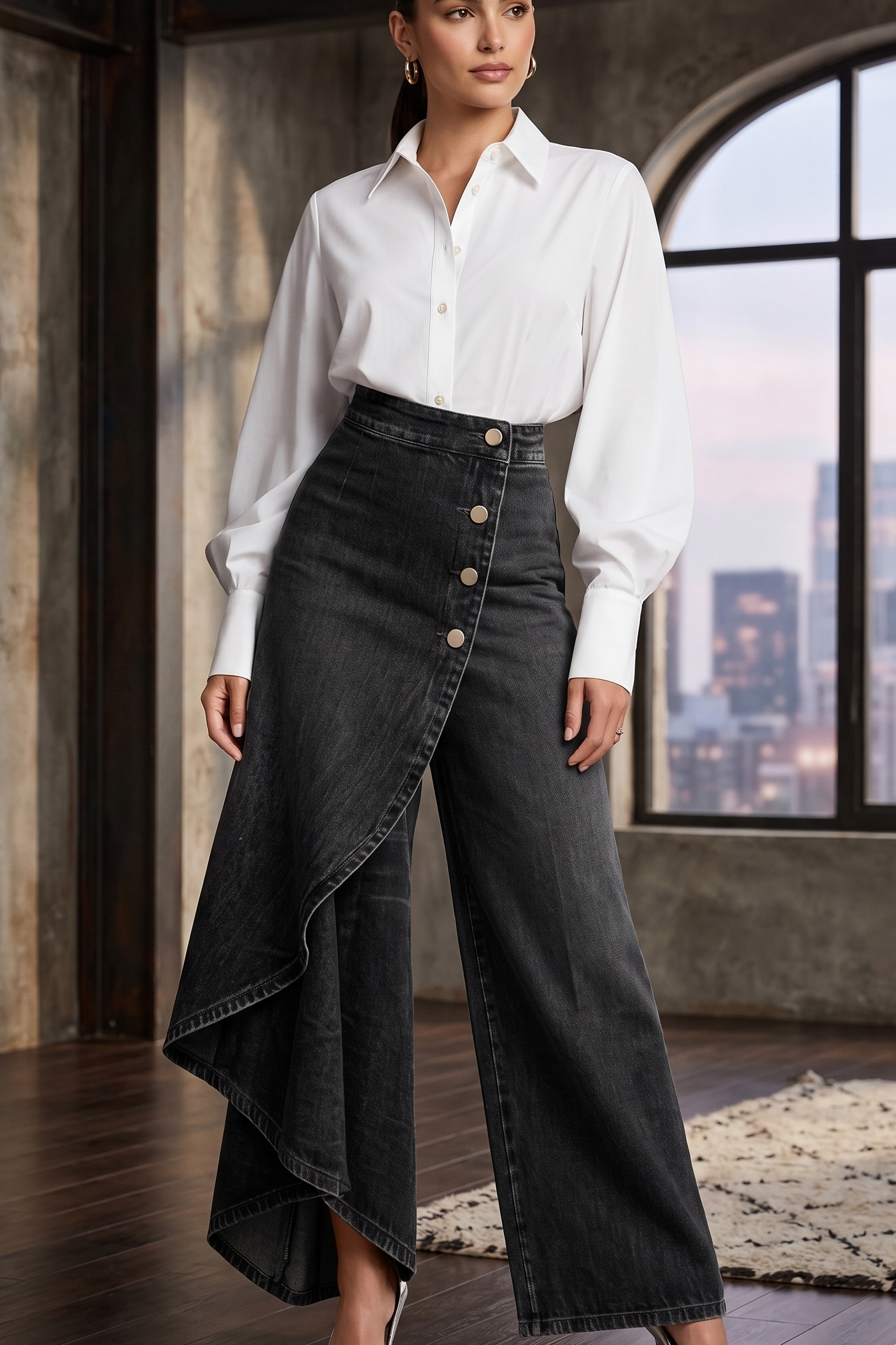 Calça Jeans Pantalona Feminina com Sobressaia Assimétrica e Botões – Romy - VIEUX OFICIAL